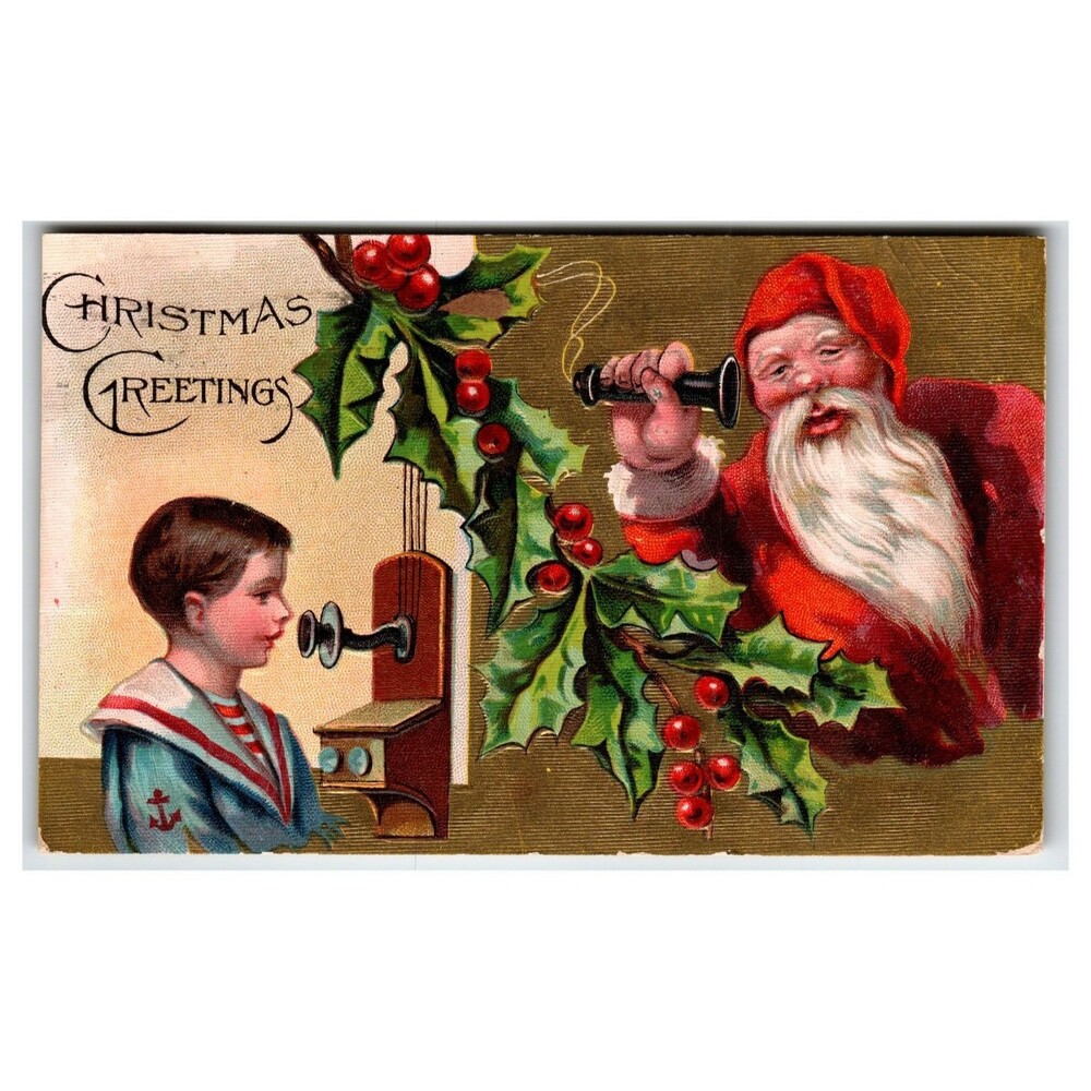 1909 Embossed Christmas Greetings Postcard Santa Talking on Phone w/ Boy